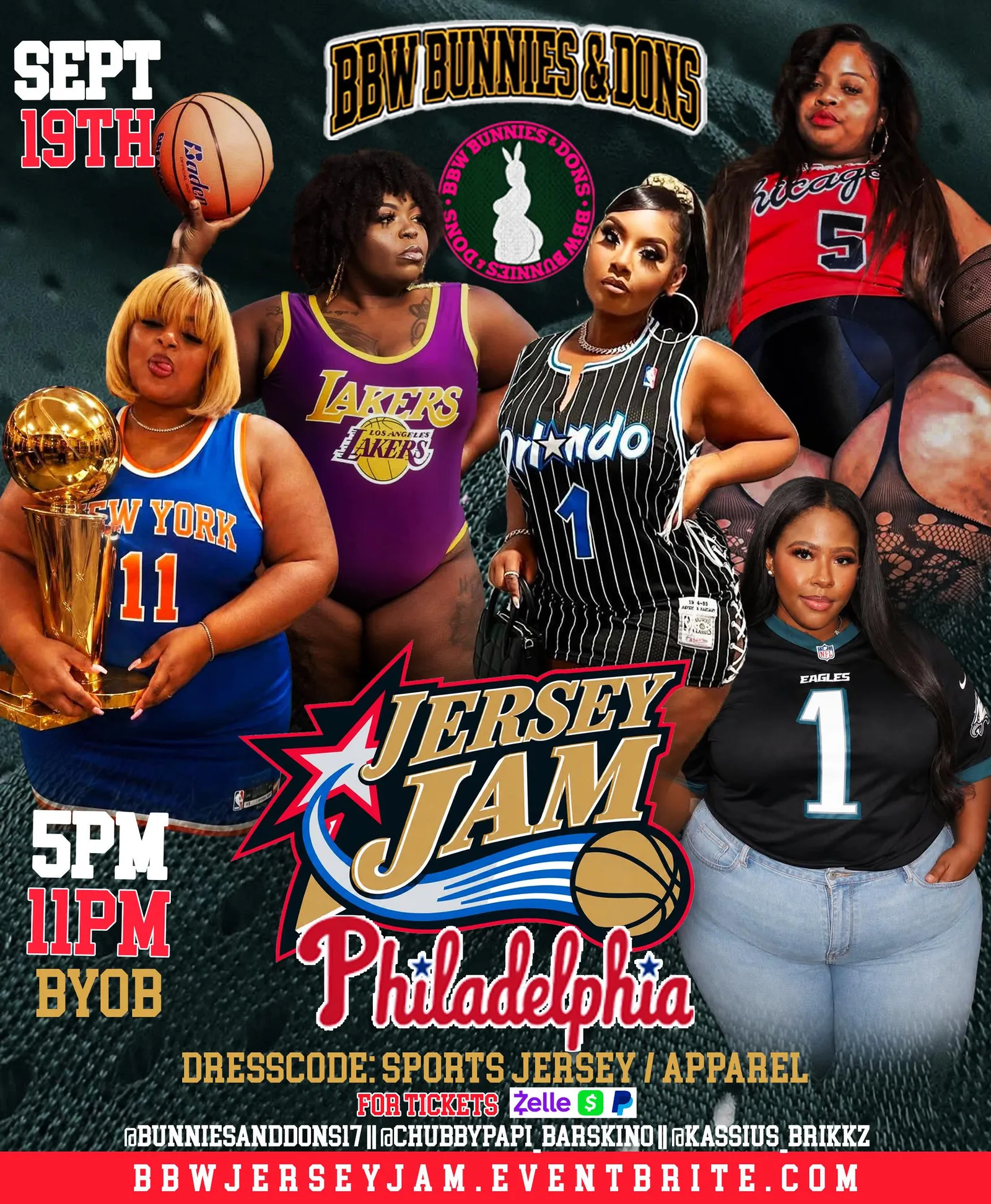 A flyer headed BBW BUNNIES & DONS showing six plus-size women in basketball and football jerseys, one holding a championship trophy, with the title JERSEY JAM Philadelphia and the details Sept 19th, 5PM to 11PM, BYOB, dresscode sports jersey / apparel.