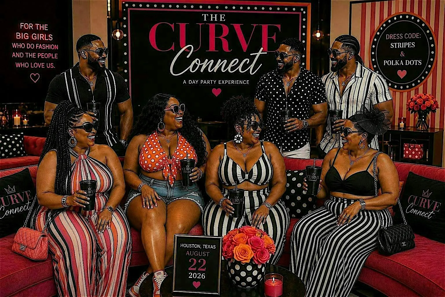 A flyer for The Curve Connect reading FOR THE BIG GIRLS WHO DO FASHION AND THE PEOPLE WHO LOVE US, over a photograph of plus-size women and men in striped and polka-dot outfits seated together on a red couch, with the date Houston, Texas, August 22, 2026.