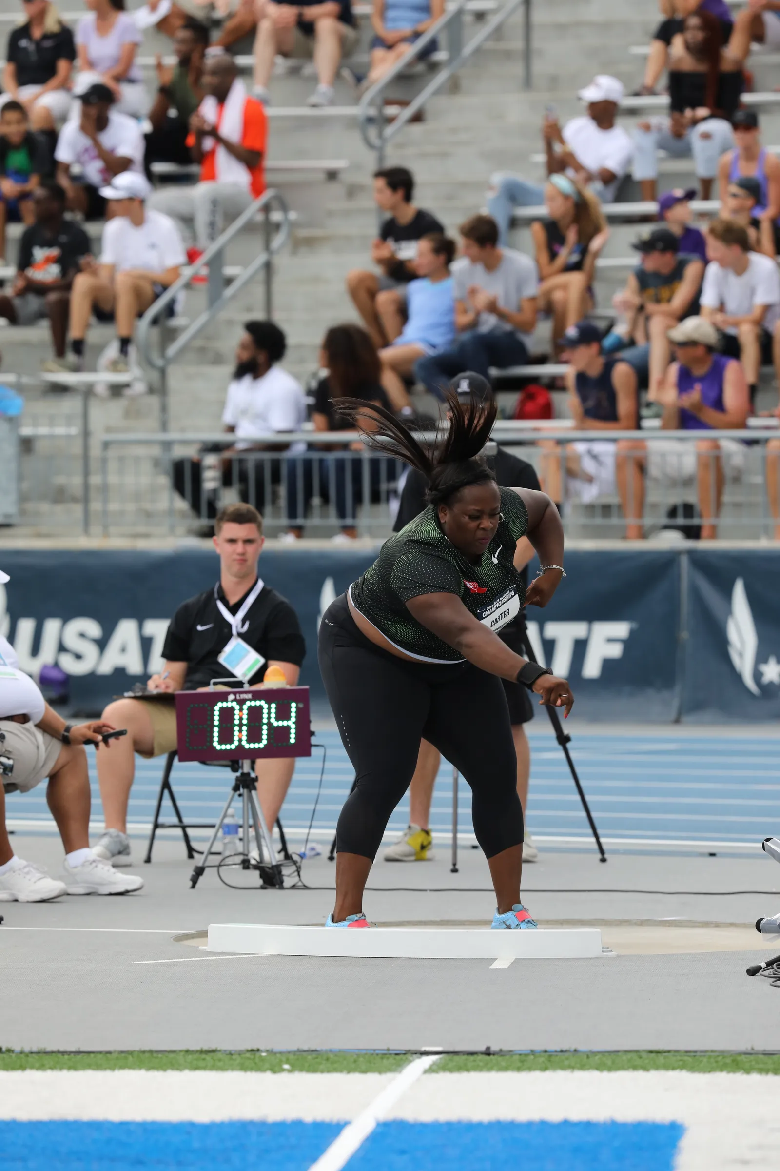 Michelle Carter competing in the women's shot put during day four of the 2018 USA Outdoor Track and Field Championships.