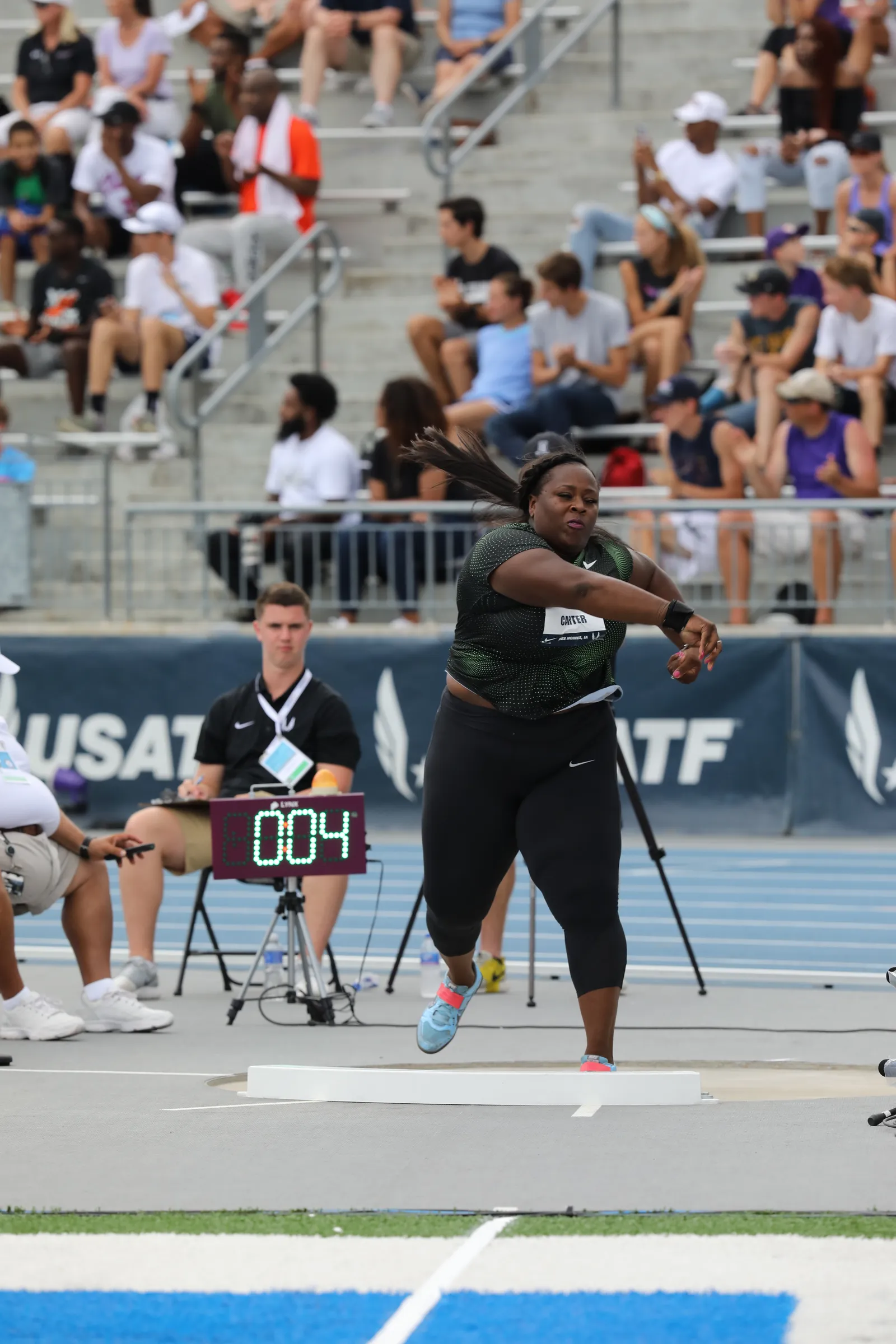 Michelle Carter in mid-throw during the women's shot put at the 2018 USA Outdoor Track and Field Championships.