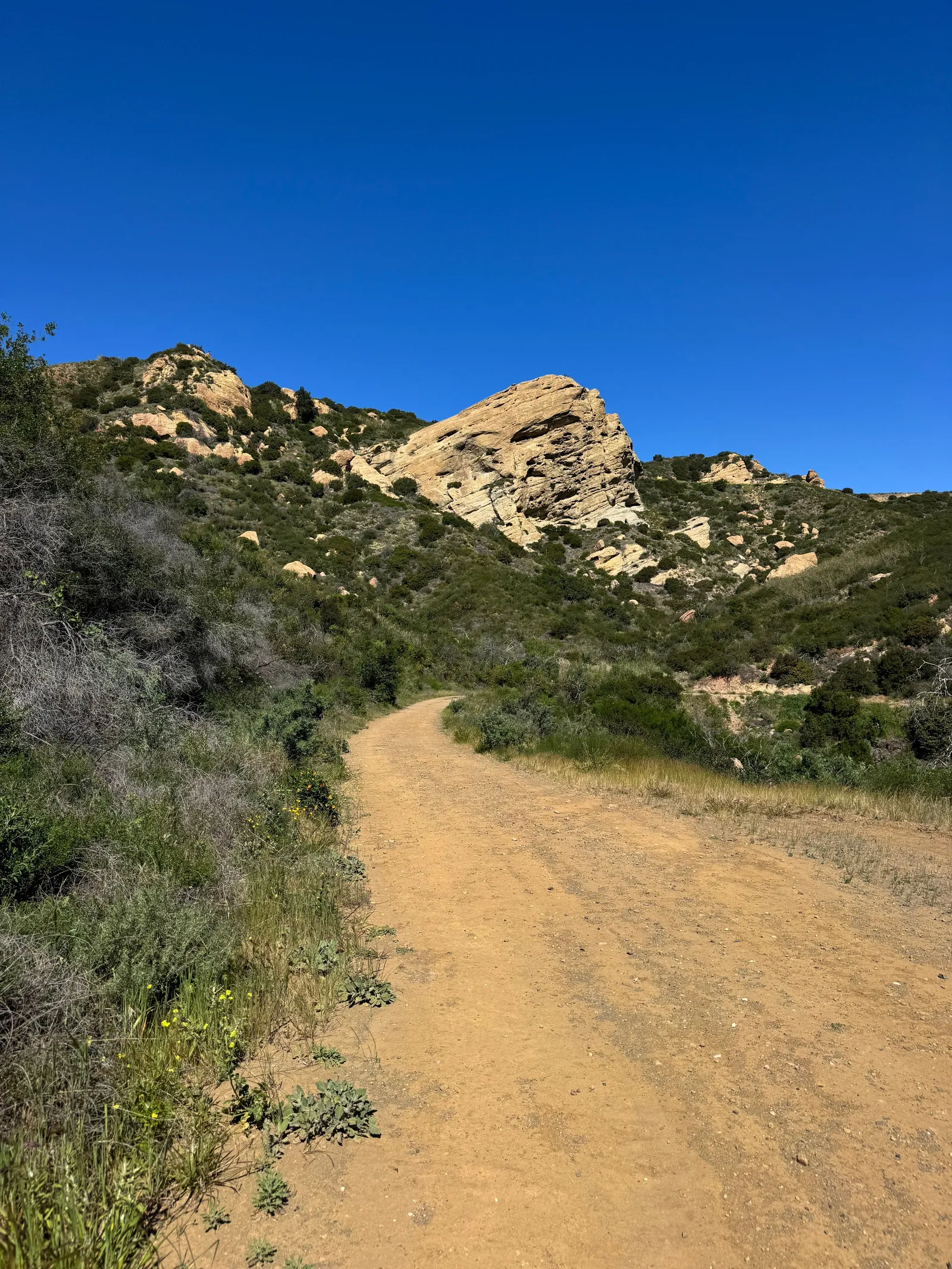 A sunlit hiking trail winding through rugged rock formations and dry hillsides in the Santa Monica Mountains above Malibu.