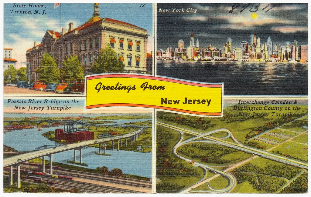 A vintage colour-litho Greetings From New Jersey postcard, its panels showing the State House at Trenton, the New York City skyline, the Passaic River bridge and a turnpike interchange.