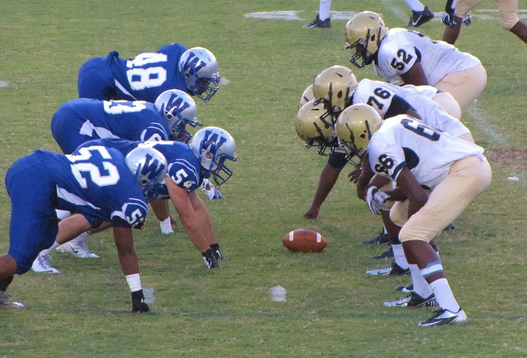 A line of scrimmage seen from behind the center — blue jerseys against white and gold, the ball on the turf between them, both lines in their stances.