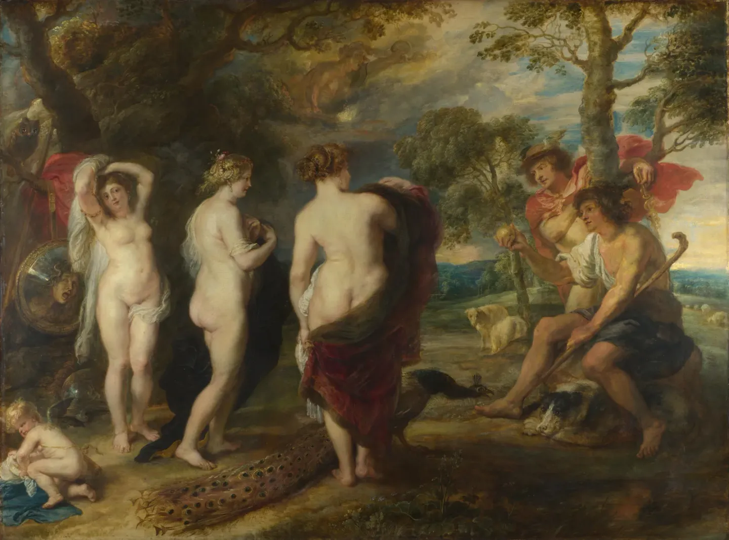 A Rubens oil painting, dated by London's National Gallery to probably 1632-1635, showing the shepherd Paris handing a golden apple to a full-figured, softly built Aphrodite while two similarly built goddesses, Athena and Hera, look on; Hermes stands beside Paris and sheep graze in the background.