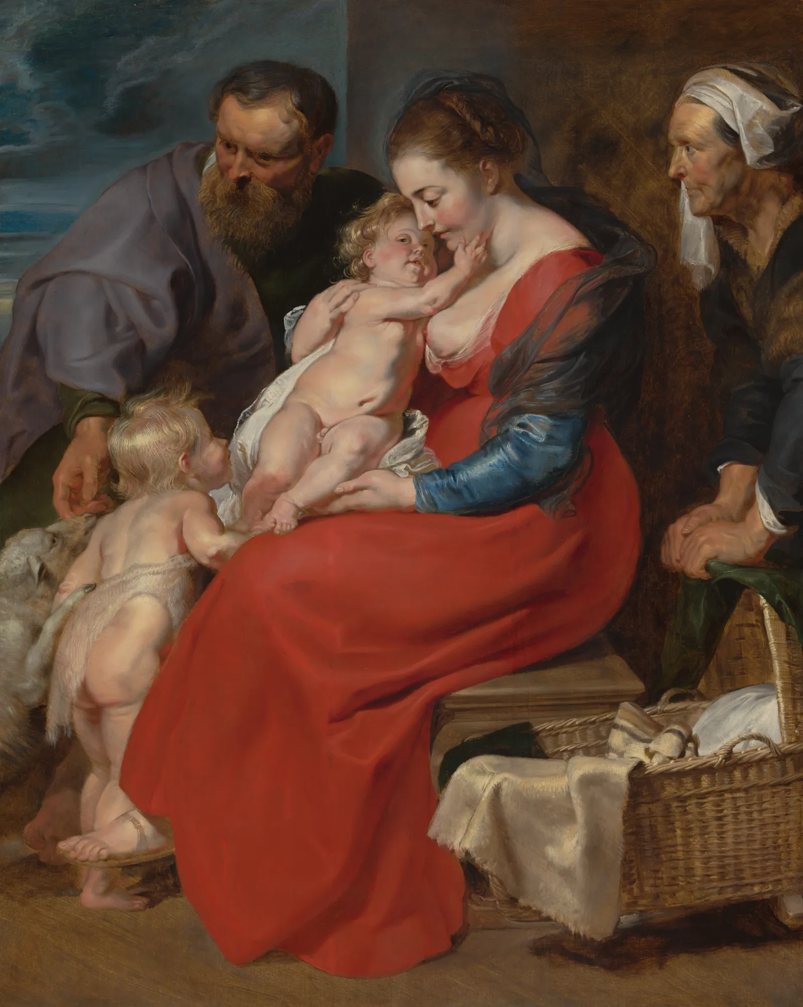 Rubens's The Holy Family with Saints Elizabeth and John the Baptist: Mary in a red gown holds the standing Christ child, who embraces her face, while the young John the Baptist leans at her knee and Elizabeth and Joseph look on.