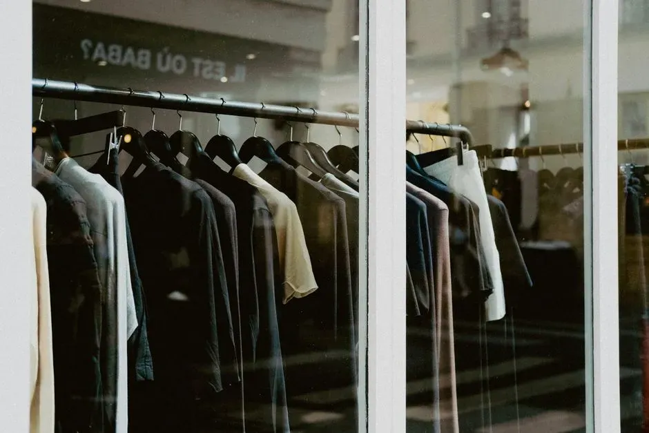 A rail of trousers and jackets on wooden hangers inside a brightly lit clothing store, red sale tags clipped to the waistbands and more rails receding out of focus behind.