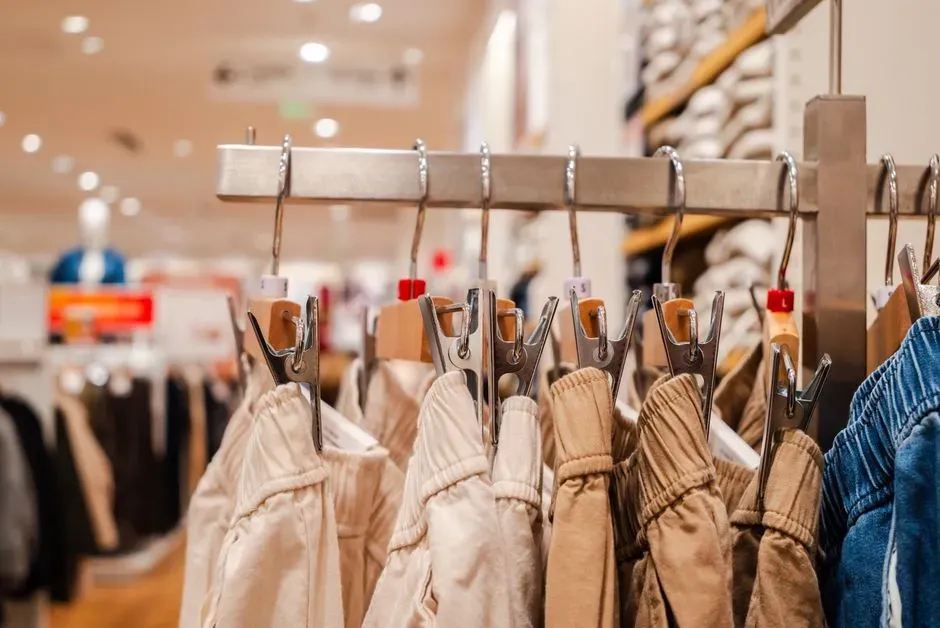 A clothing store seen at night through its front window, a rail of muted shirts and jackets visible inside behind the reflected glass.