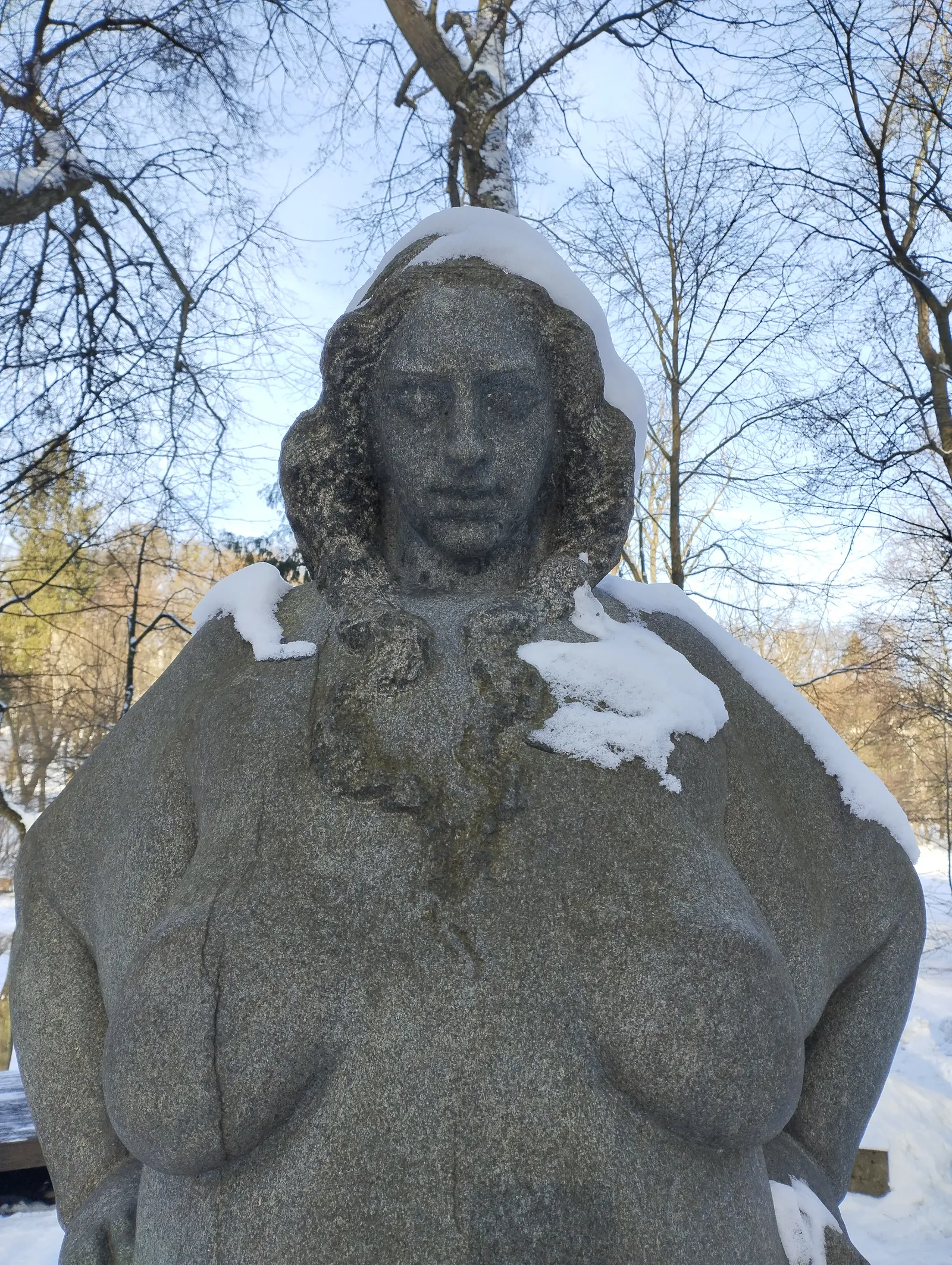 A close view of the granite sculpture 'Confident' by Vasyl Korchovy: a woman's face and bare shoulders carved from gray granite, her long carved hair falling past her shoulders, snow settled in the folds of her hair and across her shoulders, bare winter trees behind her.