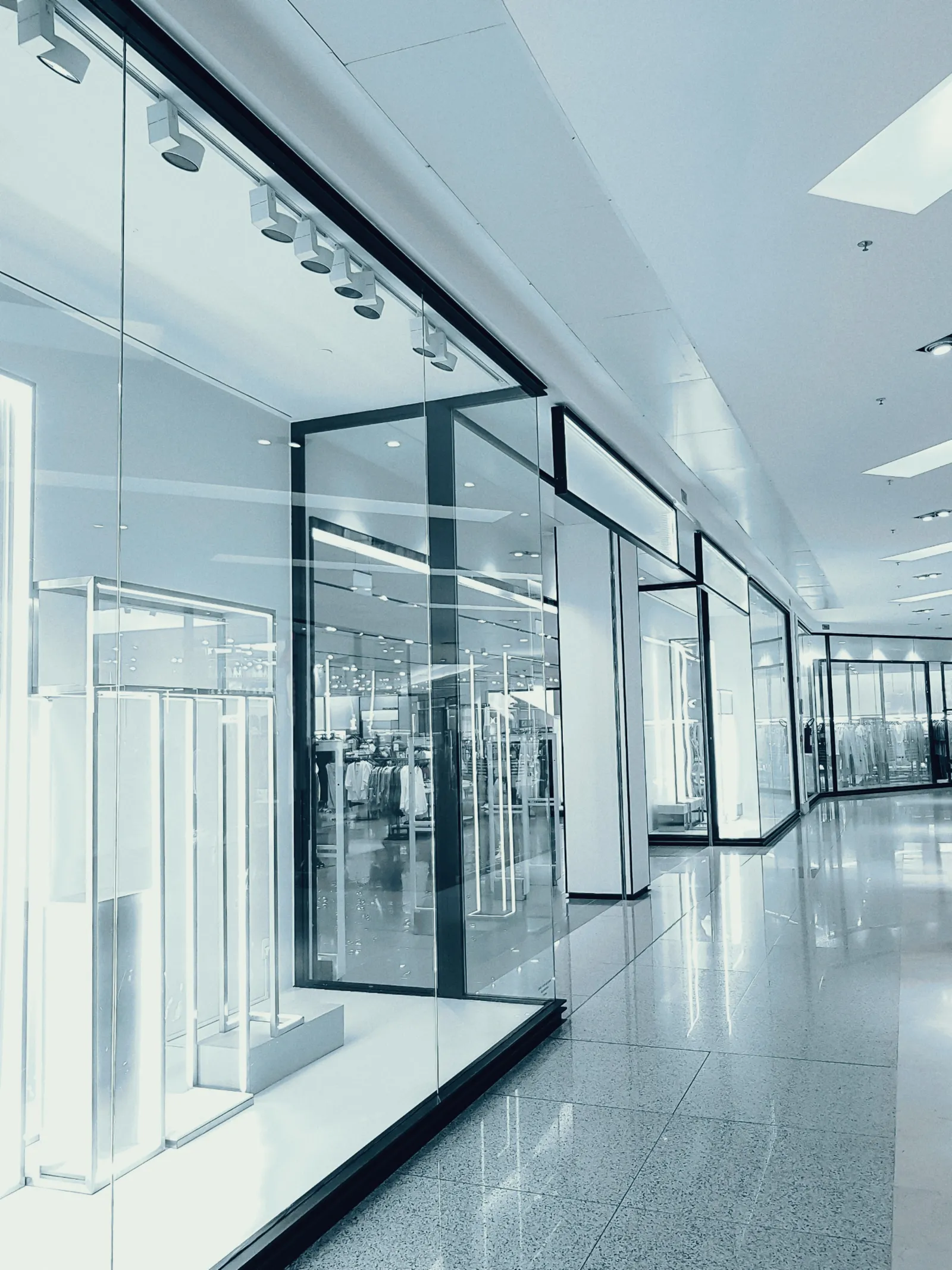 A bright, empty mall corridor lined with vacant glass-fronted retail units, their interiors stripped bare down to white walls and empty fixtures.