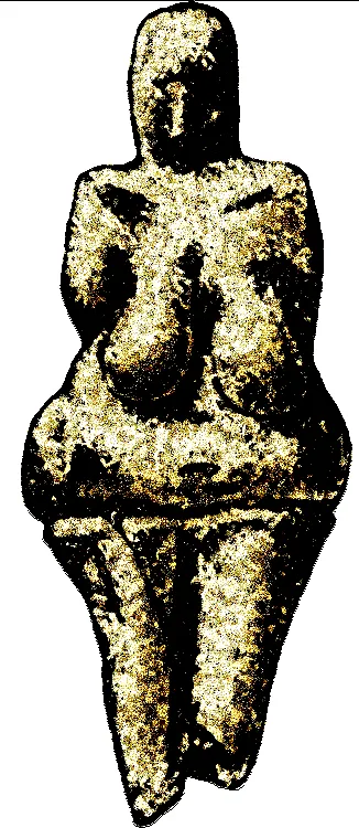 The ceramic Venus of Dolní Věstonice, a dark fired-clay figure from Moravia around 29,000 years old, photographed in silhouette against a white ground: full breasts and hips tapering to narrow legs, the head reduced to a featureless stub.