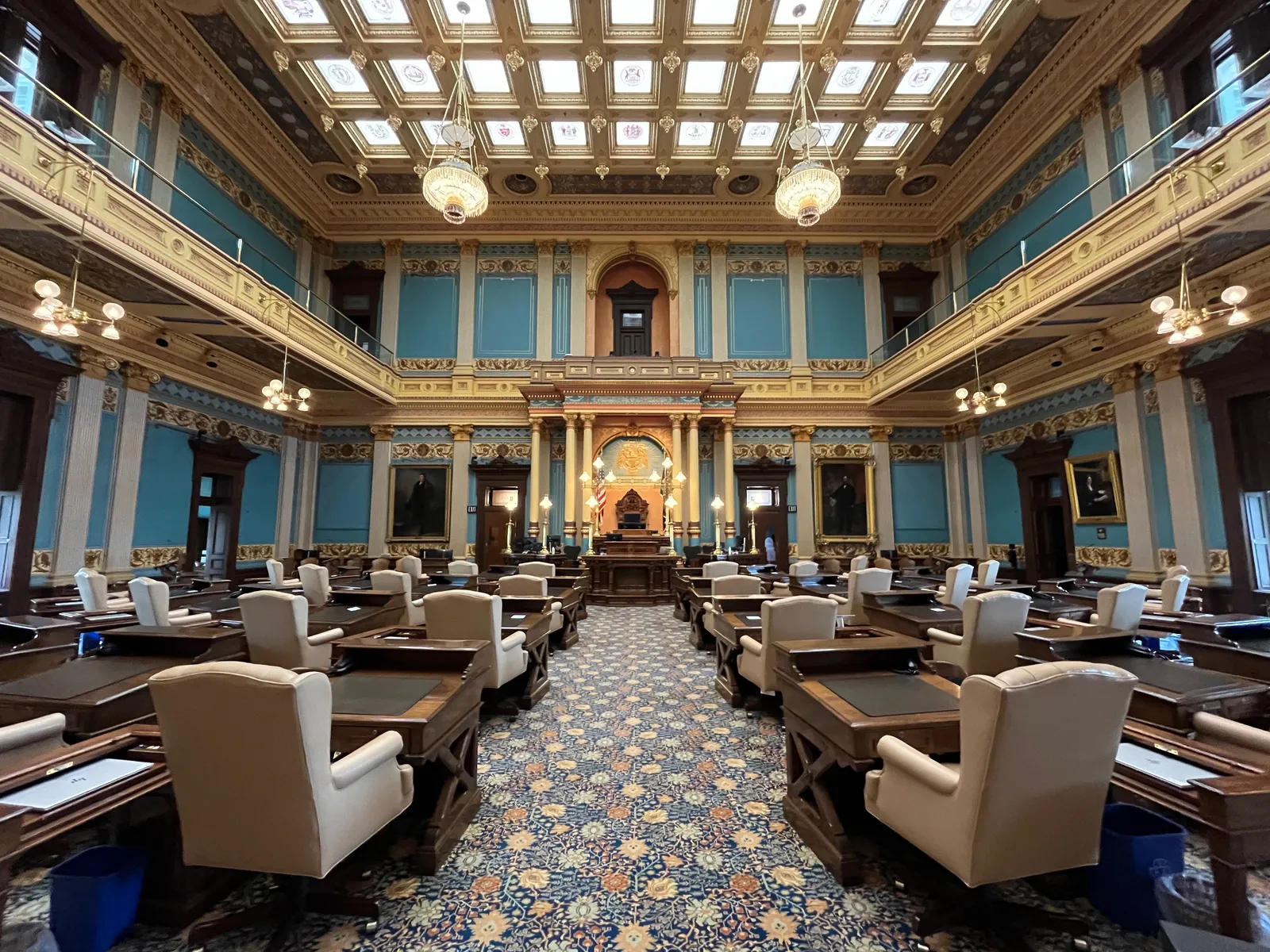The Senate chamber of the Michigan State Capitol in Lansing, photographed in July 2025.