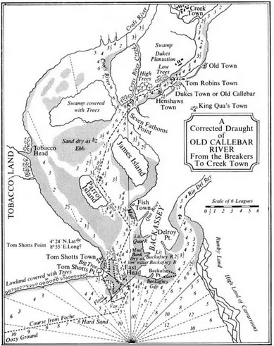 An 1820 nautical chart headed A Corrected Draught of Old Callabar River, From the Breakers To Creek Town, showing soundings across the river mouth and naming the settlements along its banks — Duke's Plantation, Old Town, Duke Town or Old Callebar, Henshaws Town, King Qua's Town and Creek Town.