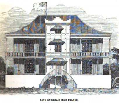 A nineteenth-century engraving captioned King Eyamba's Iron Palace: a large two-storey prefabricated iron house with a wide verandah, shuttered windows and an external staircase, a flag flying from its roof, standing on open ground at Duke Town.