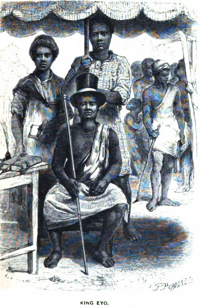 A nineteenth-century engraving captioned King Eyo, showing the Efik ruler of Creek Town seated in a top hat with a staff across his knees, attendants standing behind him beneath a fringed canopy.