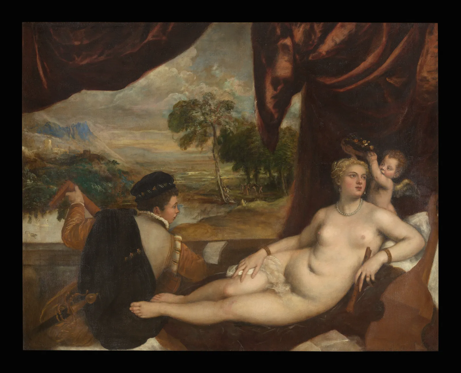 Titian's Venus and the Lute Player: a full-figured Venus reclines nude on a draped bed with a small winged cupid at her shoulder, while a lute player seated at the left turns to look back at her, an open landscape behind them.