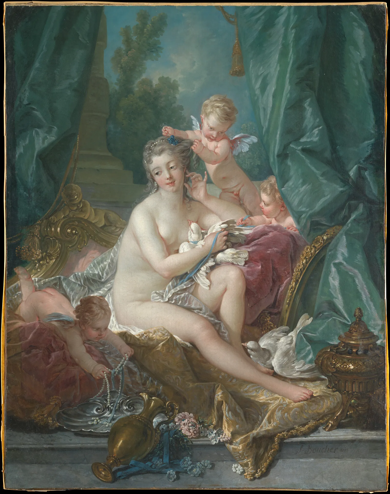François Boucher's The Toilette of Venus: a soft, full-bodied Venus sits among rumpled silks and teal drapery, attended by cupids and doves, in a pale rococo palette of rose, cream and blue.