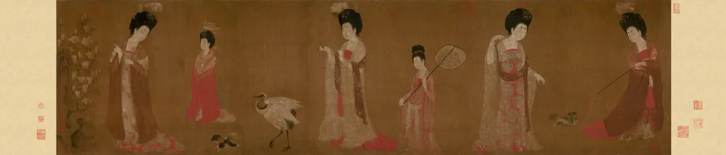 A Tang dynasty handscroll on silk showing five full-figured court ladies in sheer, trailing red and cream silk robes, each wearing an elaborate flowered headdress over a high black chignon. They stand widely spaced against a plain ground with a crane, a small dog and butterflies among them.